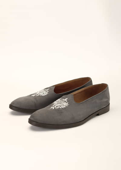 Grey Juttis In Suede With Zardosi Embroidered Motif