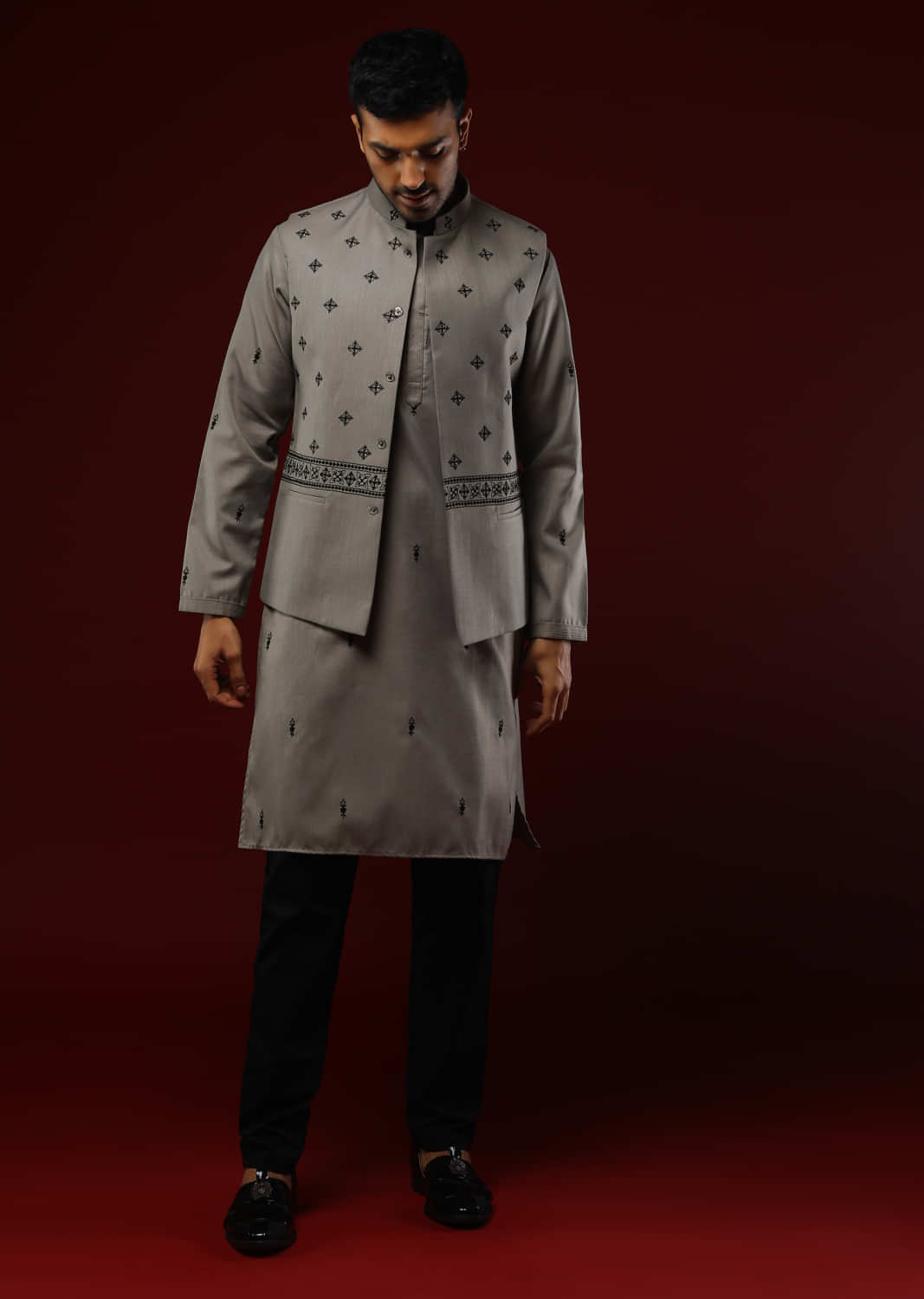 Grey Nehru Jacket Set With Black Resham Aari Embroidered Ethnic Buttis