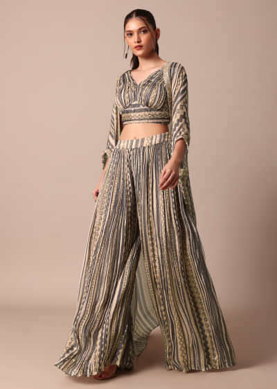 Grey And Beige Geometric Printed Crop Top With Embroidered Jacket And Palazzo Set