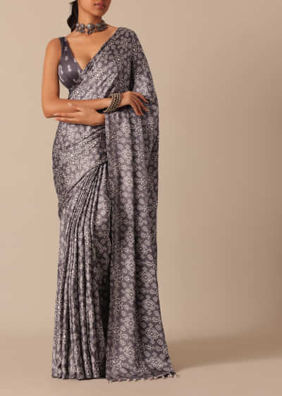 Grey Saree in Satin With Printed Detail And Unstitched Blouse Piece