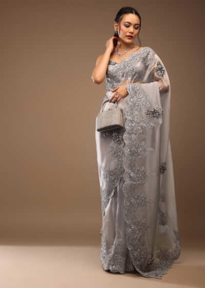 Gull Grey Saree With A Crop Top In Sequins Embroidery, Crafted In Tissue Organza With The Sequins, Cut Dana, Floral Designed Motifs, And Laces