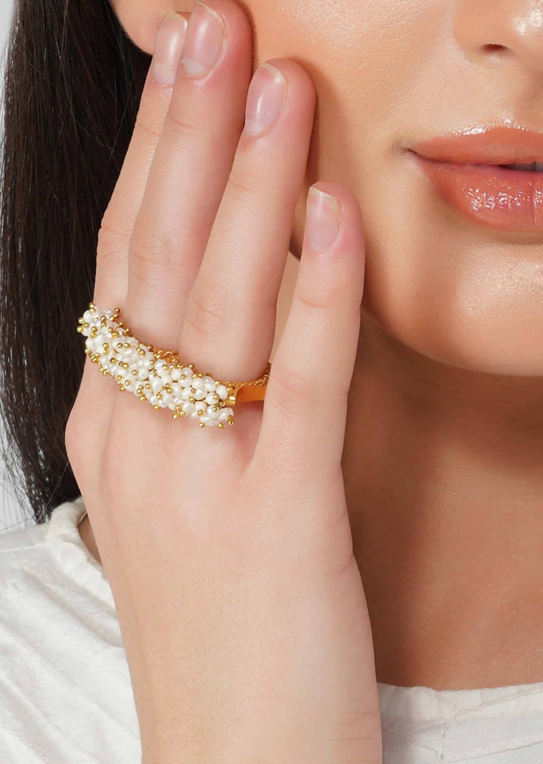 Handcrafted 22Kt Gold Plated with Natural Freshwater White Pearls Ethnic Two Finger Ring