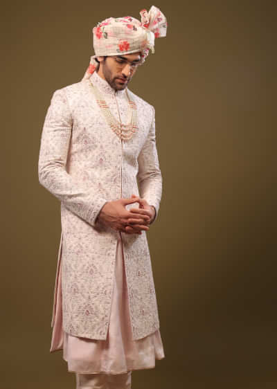 Candy Pink Silk Sherwani Set In Cutdana And Sequin Embroidery With Threadwork