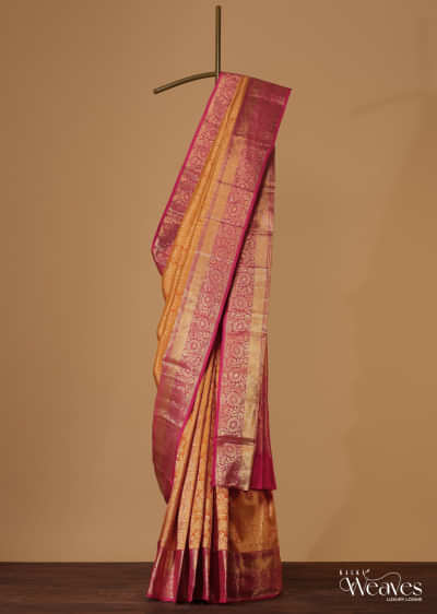 Honey Yellow Woven Silk Kanjivaram Saree With Hot Pink Border And Unstitched Blouse