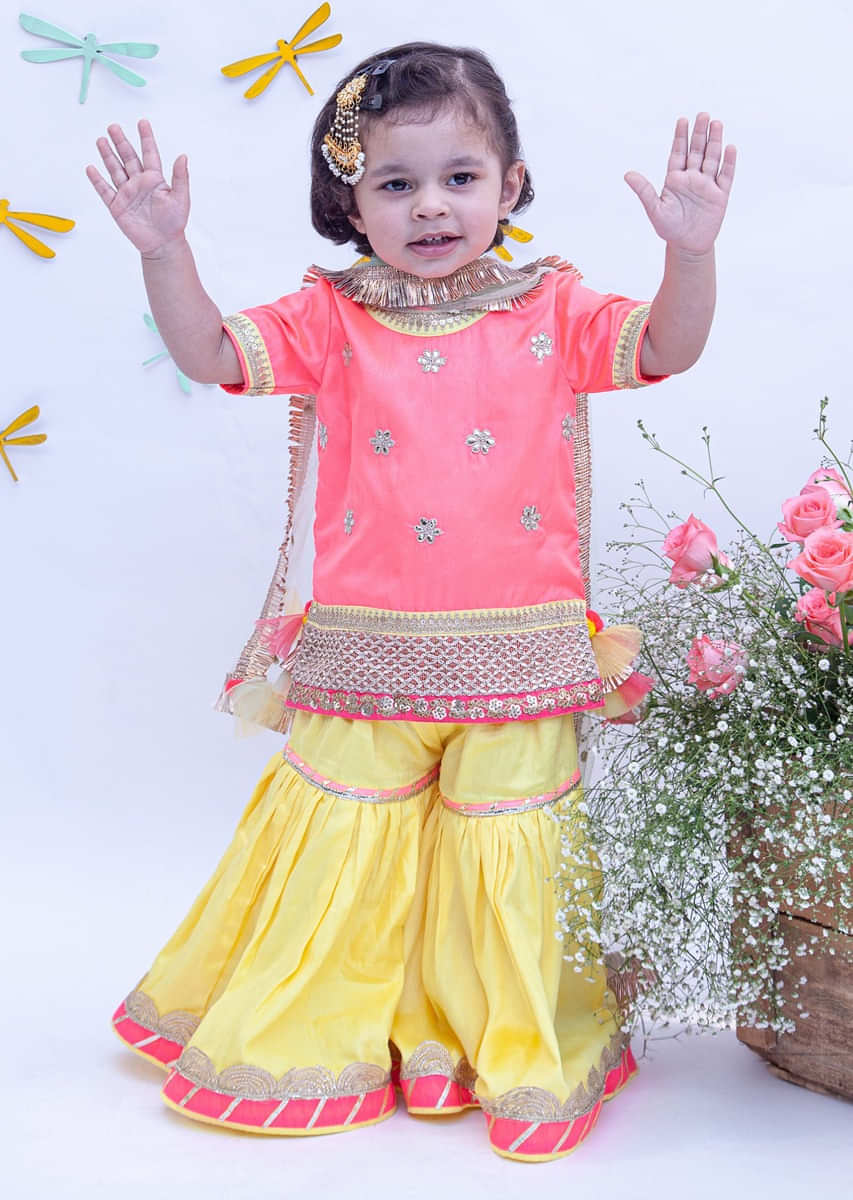 Kalki Girls Hot Pink And Yellow Sharara Suit In Dupion Silk With Floral Embroidered Buttis By Fayon Kids
