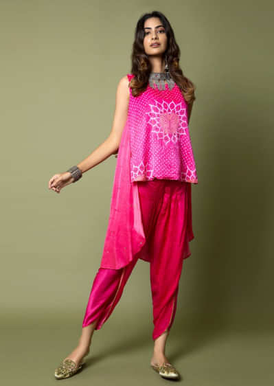 Hot Pink High Low Top And Tulip Pants Set Featuring Bandhani And Hand Embroidery Detail  