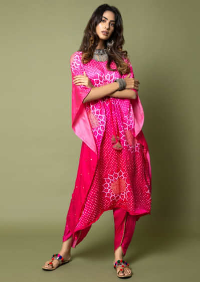 Hot Pink Kaftan And Tulip Pants Set With Bandhani And Hand Embroidery  