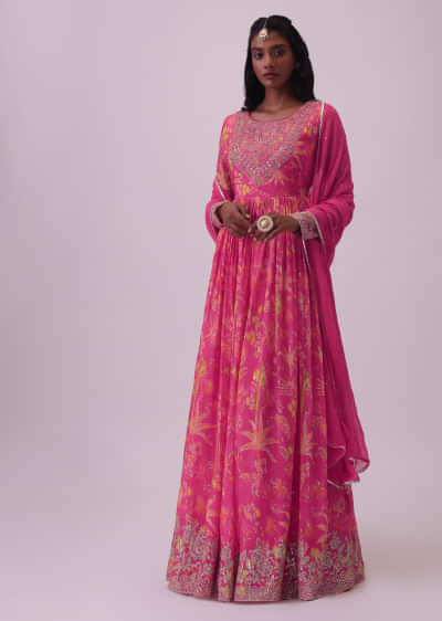 Hot Pink Anarkali In Chinon With Floral Embroidery