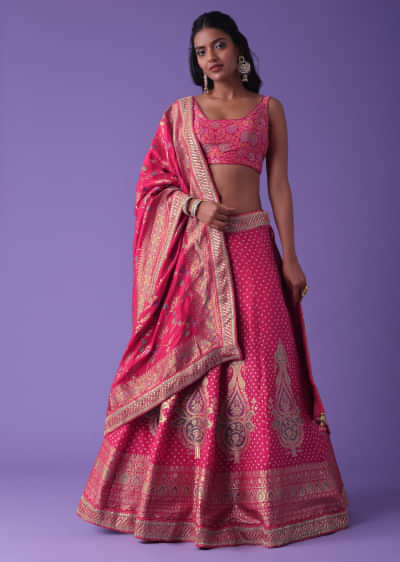 Hot Pink Bandhani Weave Silk Embroidered Lehenga