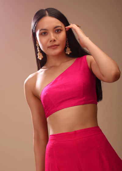 Hot Pink Blouse In Raw Silk With One Shoulder Neckline