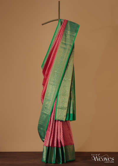 Hot Pink Kanjivaram Saree In Pure Silk With Forest Green Border And Unstitched Blouse
