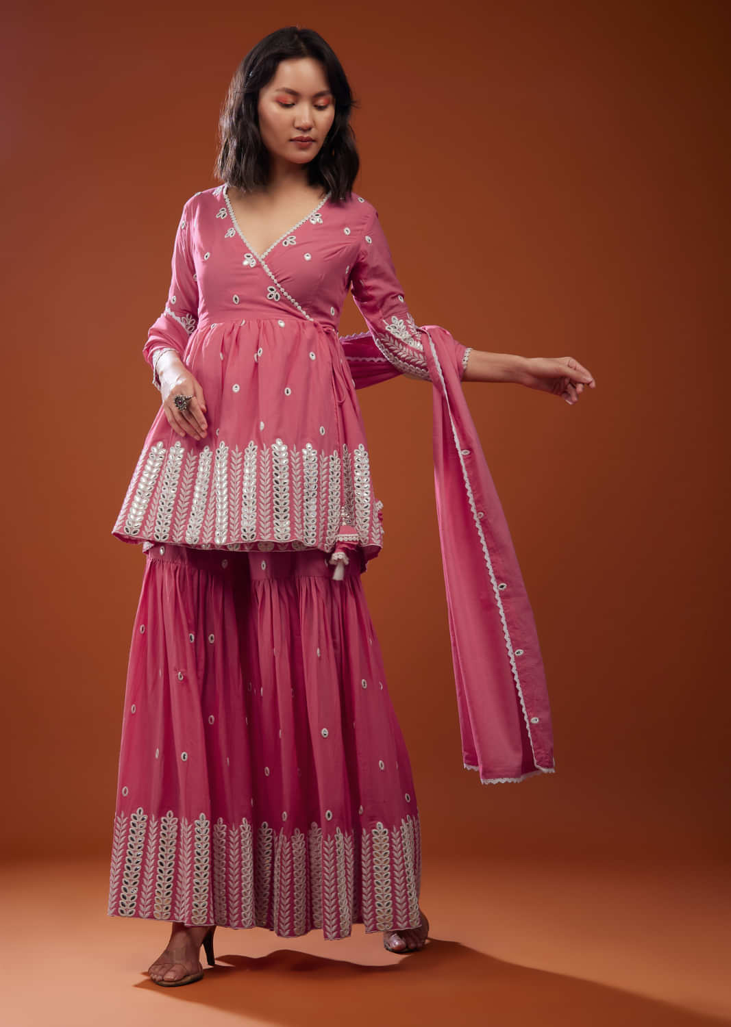 Rouge Pink Sharara Suit Set With Angarakha Top
