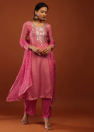Hot Pink Straight Cut Palazzo Suit With Yellow And White Lehariya Print And Gotta Embrodiered Yoke Design