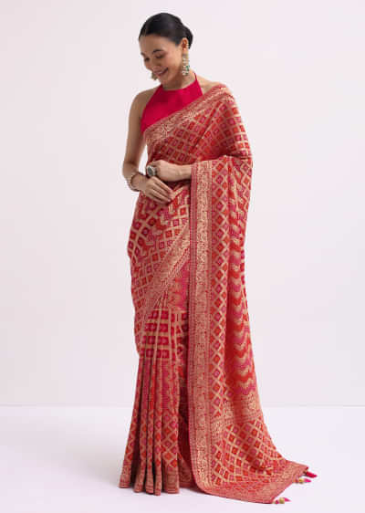 Hot Pink Woven Khadi Georgette Saree With Unstitched Blouse