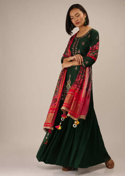 Hunter Green Sharara Suit In Cotton Silk With Multi Colored Embroidery And Satin Patola Dupatta