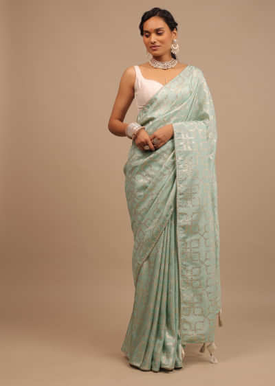 Ice Blue Saree In Dola Silk With Lurex Woven Geometric Jaal And Unstitched Lucknowi Blouse