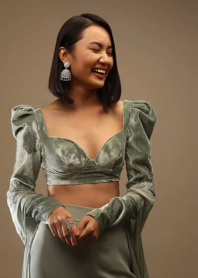 Iceberg Green Velvet Full Sleeves Blouse With A Plunging Neckline Back Hooks Closure With A Tie-Up Tassle Dori