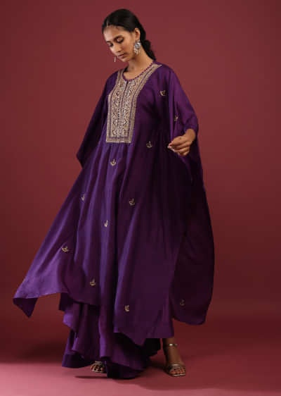 Imperial Purple Kaftan Suit With High Low Palazzo Pants And Zardosi Embroidered Yoke Design