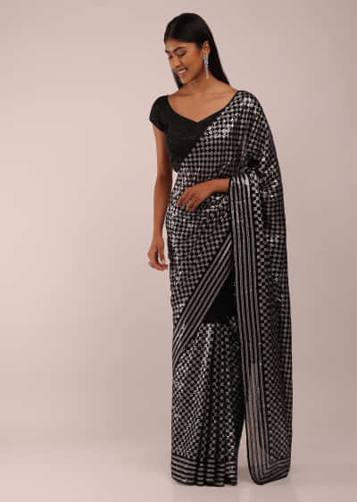 Ink Black Chiffon Saree In Blue And Black Sequins Embroidery In Geometrical Motifs In A ChecksJaal