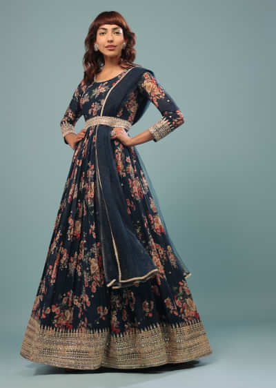 Persian Blue Embroidered Anarkali Suit With Vintage Floral Print In Georgette