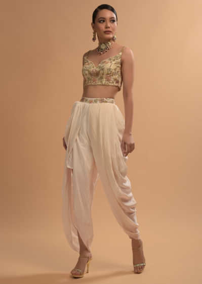 Ivory Tulip Dhoti And Crop Top Set With Embossed Embroidery And Sweetheart Neckline  