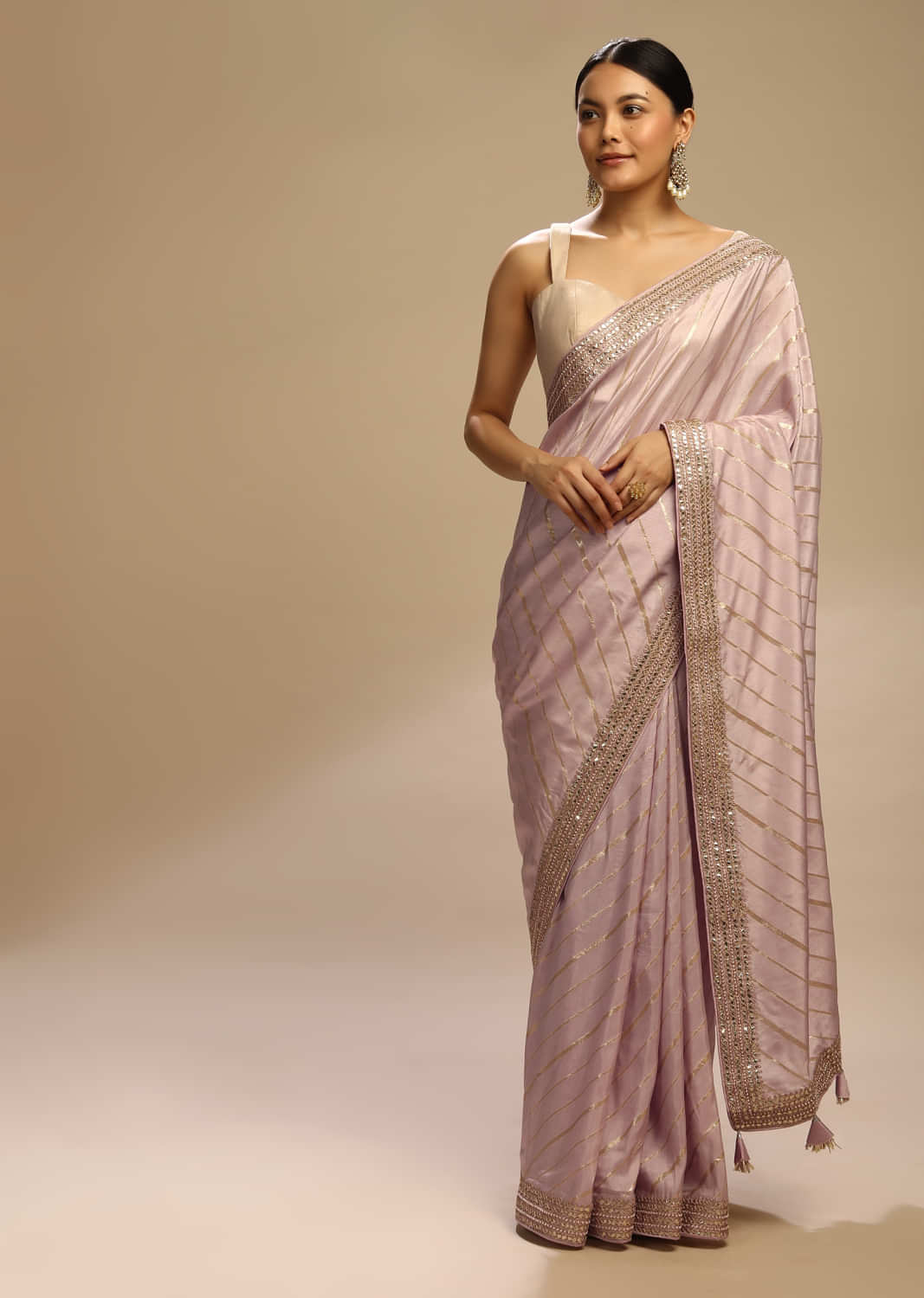 Burnished Lilac Saree In Dupion Silk With Woven Diagonal Stripes And Gotta Embroidered Border