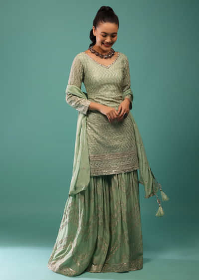 Jade Green Sharara Set With Sequins And Jaal Work