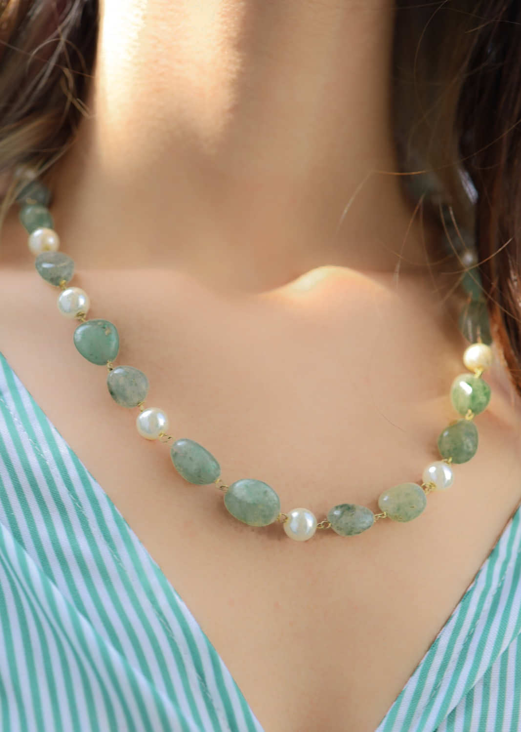 Jade Green Stone And White Moti Necklace String