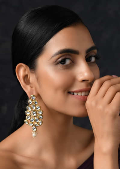 Gold Plated Earrings Studded With Kundan In Royal Ethnic Floral Motif By Paisley Pop