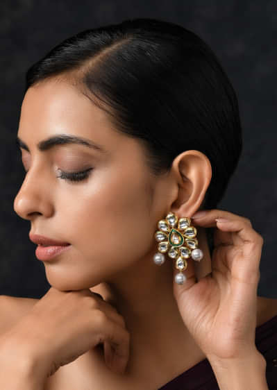 Gold Plated Earrings Studded With Kundan In Intricate Ethnic Floral Motif By Paisley Pop