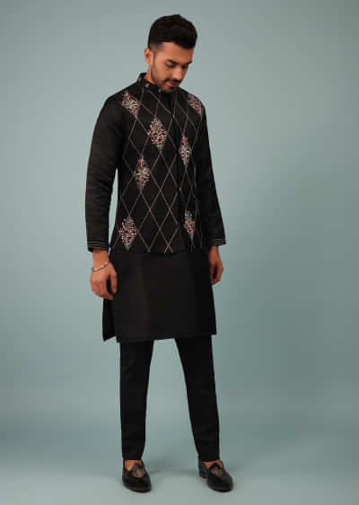 Black Bandi Jacket Set In Raw Silk With Multicolor Floral Butti & Aari Embroidery