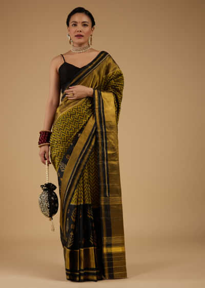 Moss Green And Black Saree In Silk With Ikat Weave Patola Geometric Work