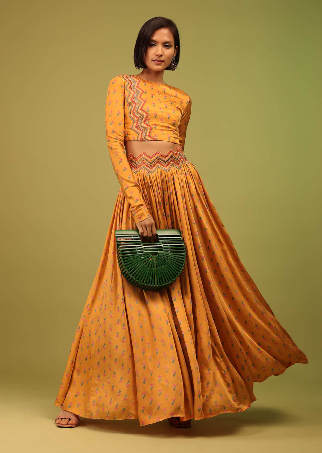 Kalki Apricot Yellow Crop Top And Lehenga In Cotton Silk With Floral Print & Embroidery