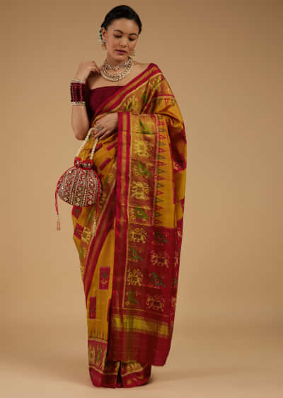 Ocher Yellow Saree In Silk With Ikat Weave Patola Work