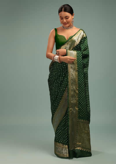 Deep Green Saree In Silk With Bandhani Print And Handwoven Brocade Floral Embroidery