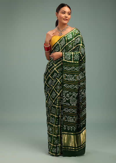 Kalki Authentic Hunter Green Saree In Pure Silk With Bandhani Print & Brocade Work