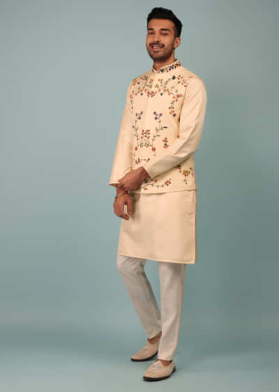 Kalki Autumn Blonde Beige Bandi Jacket Set In Handloom Silk With Multicolor Floral Jaal Embroidery