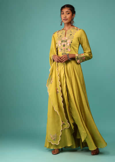 Kalki Bamboo Yellow Pant Suit Set In Chanderi With Kashmiri Thread Embroidery For Women