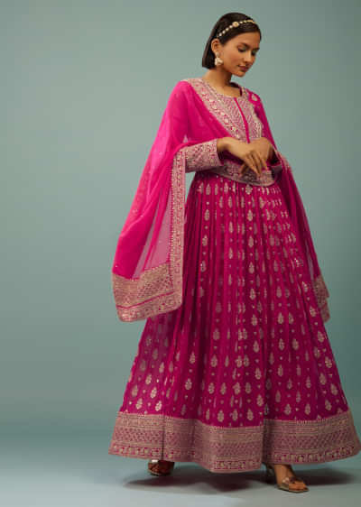 Hot Pink Anarkali Suit In Georgette With Embroidery