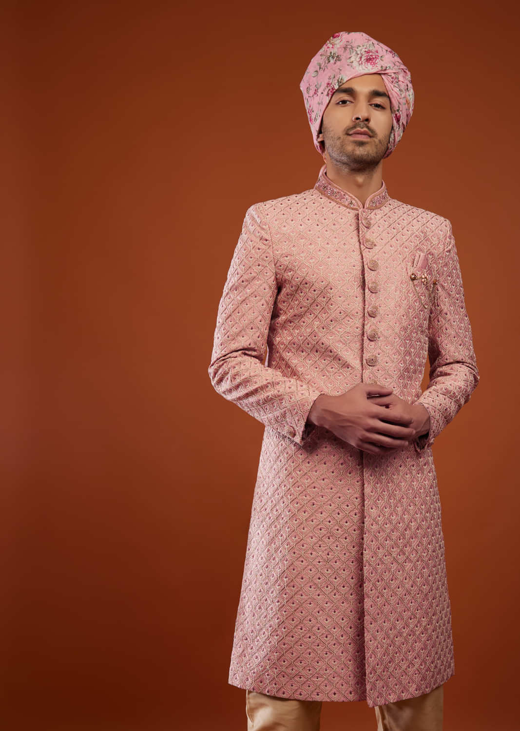 Blush Pink Sherwani In Silk With Embroidery