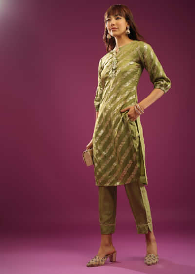 Moss Green Palazzo Suit Set In Banarasi Dola Silk With Brocade Weave