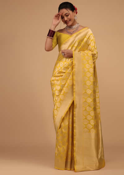 Kalki Citrus Yellow Saree In Pure Banarasi Silk With Upada Zari Weave Floral Butti Work