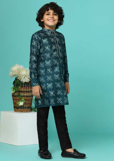 Kalki Deep Green Printed Kurta Set In Tussar Silk For Boys