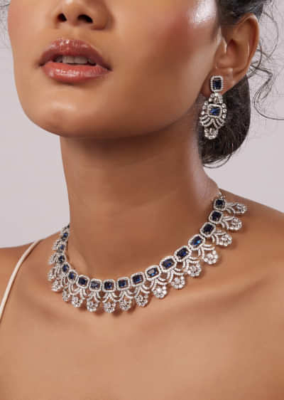 Diamond Jewelry Set With Silver Plating And Navy Blue Stones