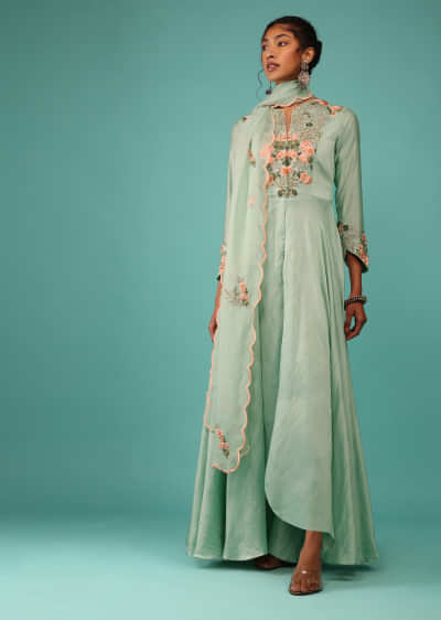 Kalki Dusty Aqua Green Pant Suit Set In Chanderi With Kashmiri Thread Embroidery For Women