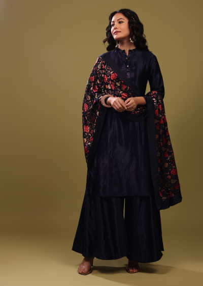 Navy Blue Palazzo Suit In Gajji Silk With Velvet Floral Embroidered Dupatta