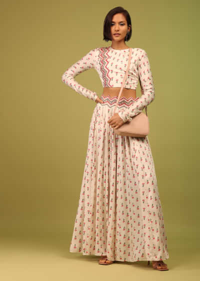 Kalki Egret White Crop Top And Lehenga In Cotton Silk With Floral Print & Embroidery