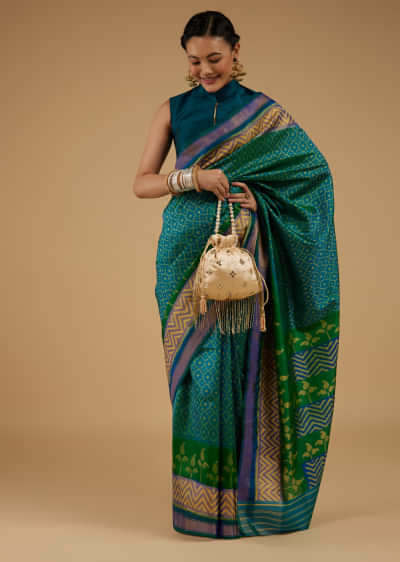 Peacock Blue Saree In Silk With Ikat Weave Patola Work