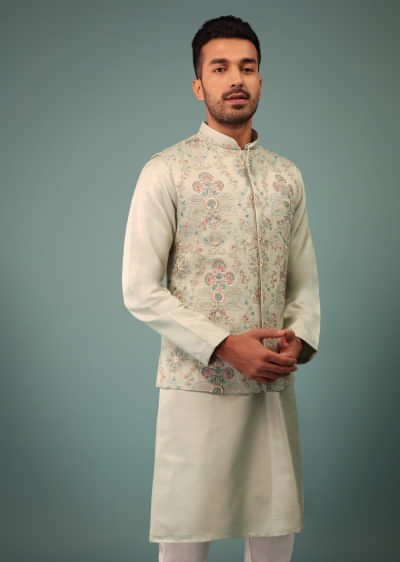 Light Jade Blue Bandi Jacket Set In Raw Silk With Floral Embroidery