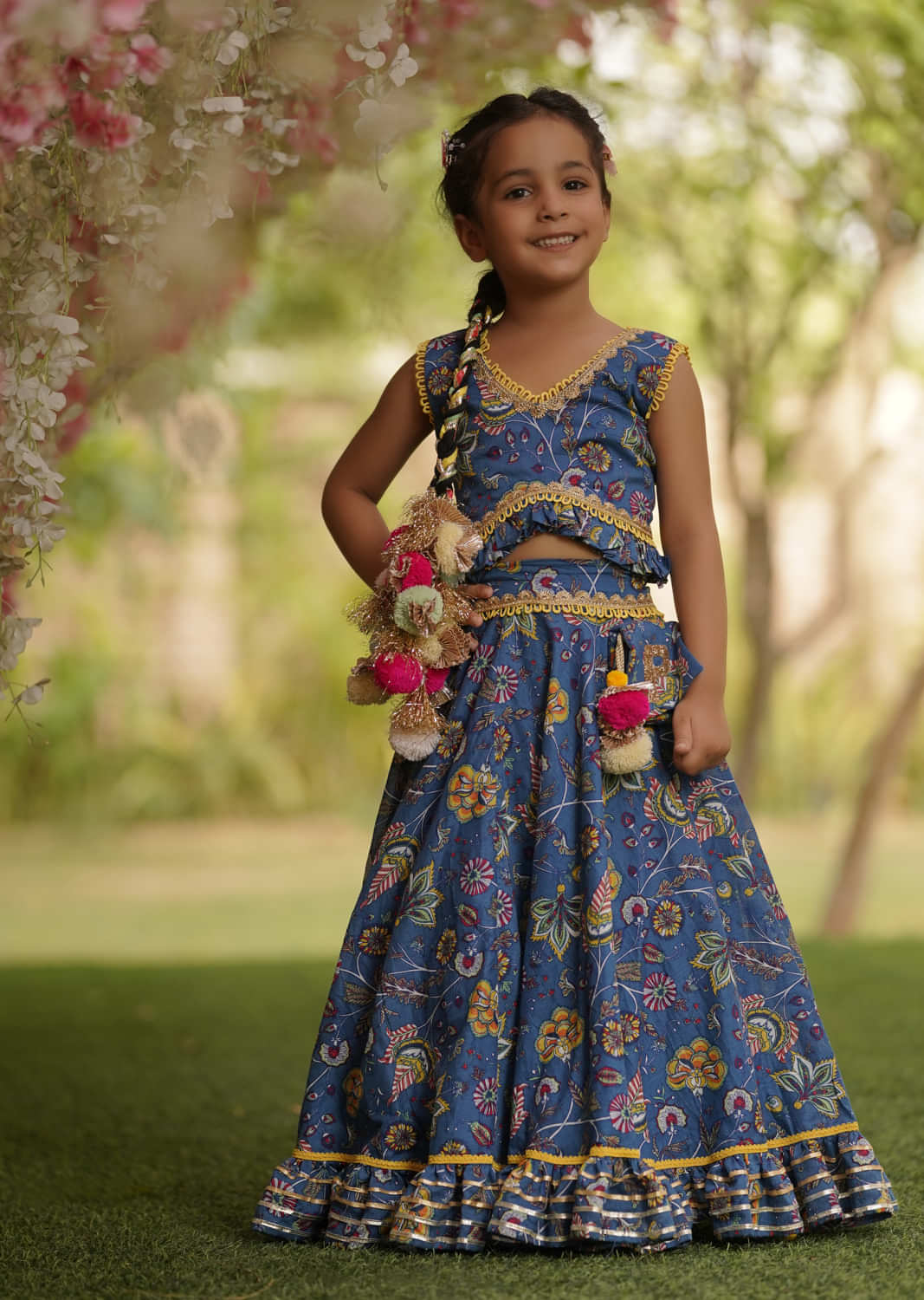 Kalki Festive Blue Lehenga Choli For Girls In Cotton With Print & Embroidery